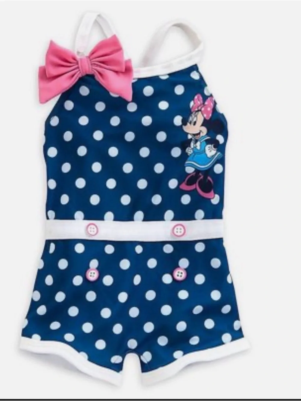 Vintage Disney Navy Polka Dot Minnie One-Piece Swimsuit with Pink Bow